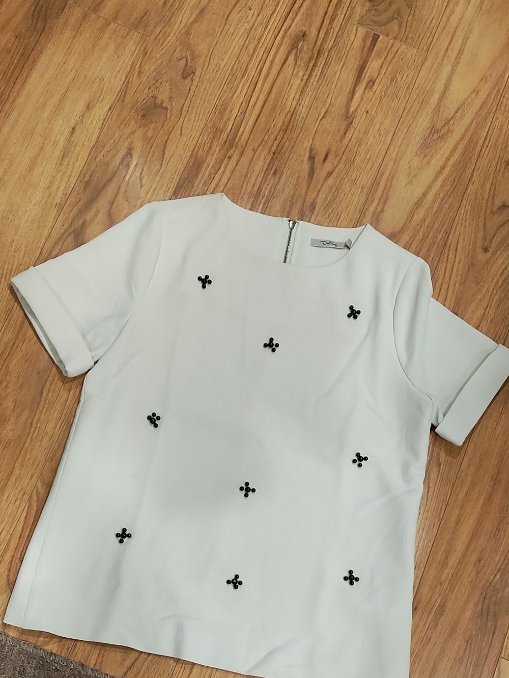 Darling White Short Sleeve Top with Black Bead Accents